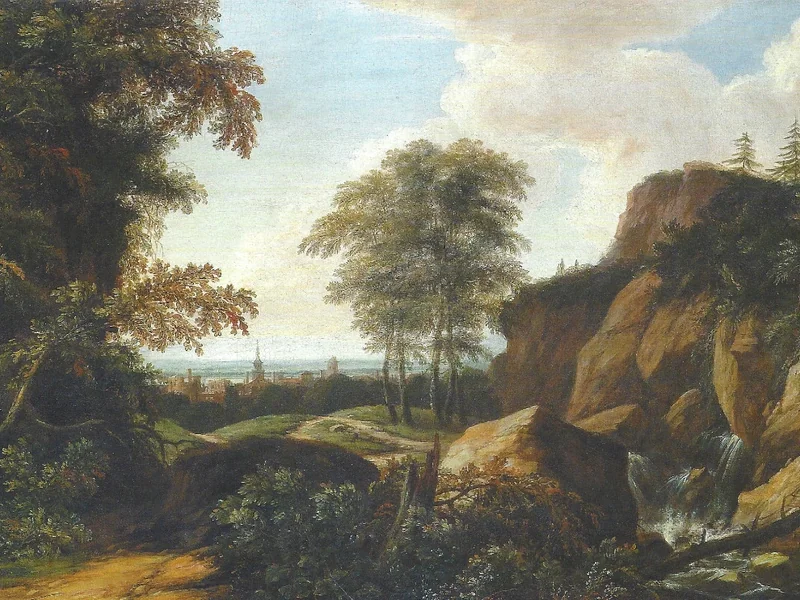 1637-Renier Megan - Paesaggio boschivo con vista su una città